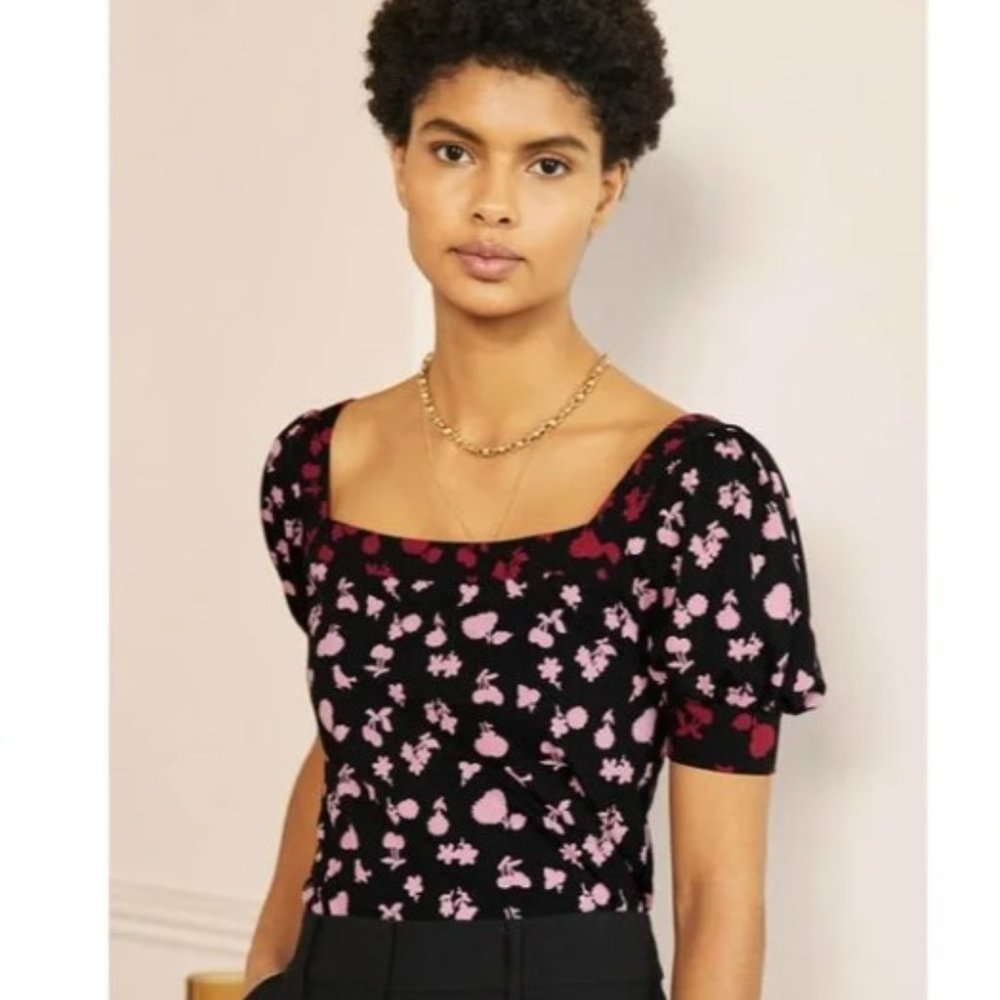 Boden Black Top with Pink Floral Design
